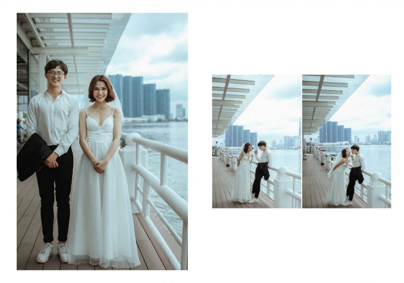 cô dâu và chú rể ở bến chờ xe buýt